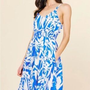 Skies Are Blue Blue and White Floral Sundress One-Piece